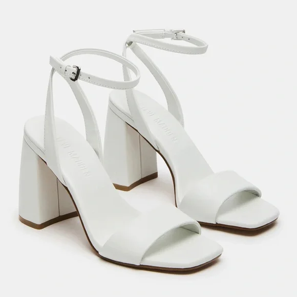 Steve Madden White Leather Messa Block Heel Ankle Strap Sandals - Picture 1 of 11